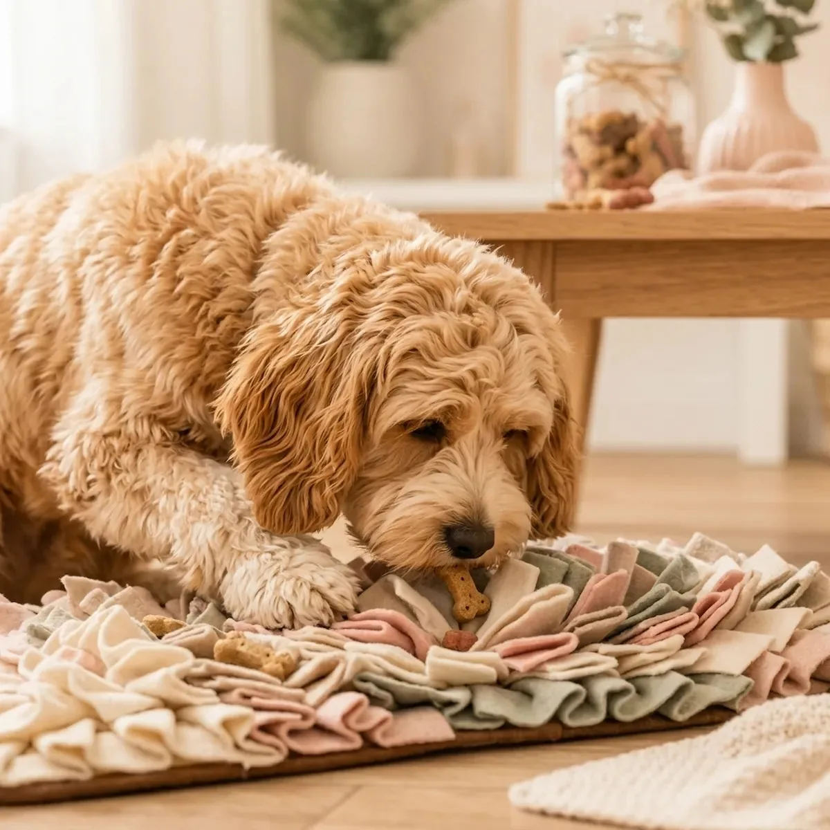 Chien qui cherche des gâteries dans un tapis de fouille à la maison