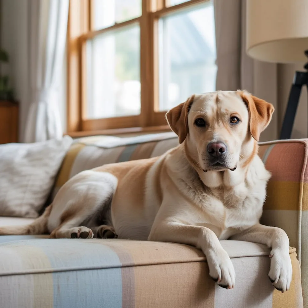 Chien allongé sur un canapé, comportement de repli et isolement