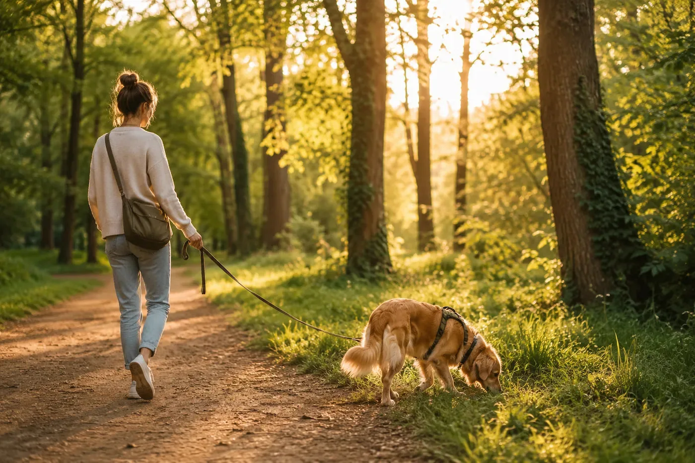 Femme promenant son chien dans un sentier en forêt pendant qu’il renifle le sol