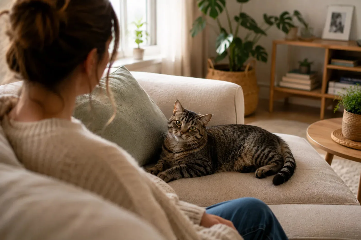 Chat regardant attentivement son humaine