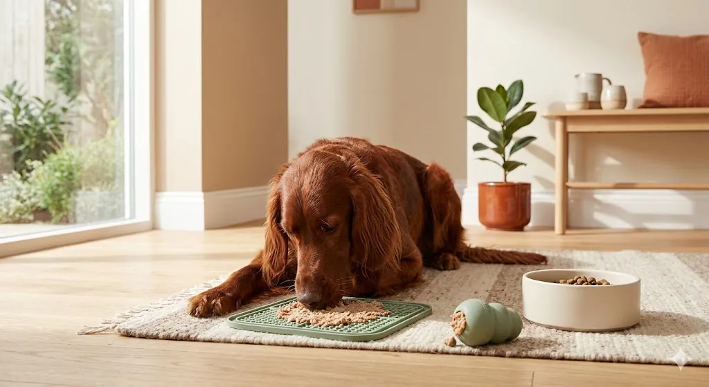 Setter irlandais sur un tapis de léchage