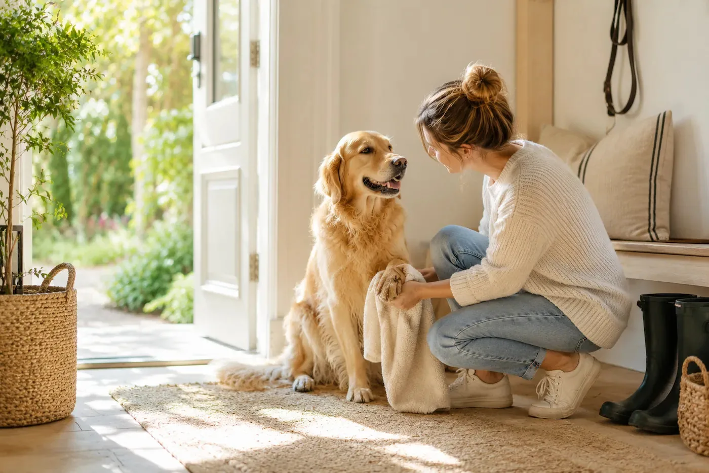 Femme nettoyant les pattes de son chien après une promenade dans une entrée lumineuse